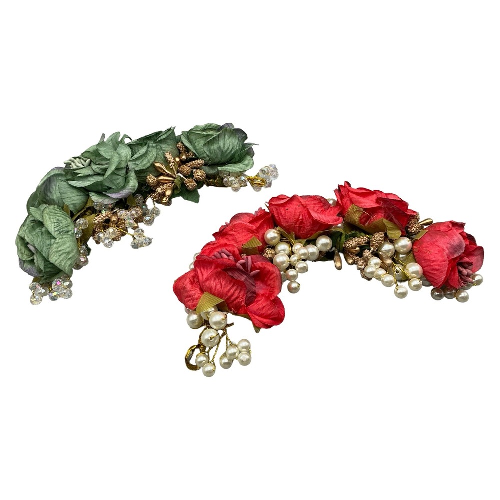 Mirraw Indian Floral Hair Accessories Set Red Green Faux Pearl Gold Accents